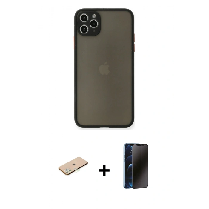 MARSİLYAN™- iPhone 11 Pro Max Kılıf Ahenk Çizgi Serisi - Siyah 3D Antistatik Hayalet Cam Ekran Koruyucu + Renkli Kamera Lens Koruma Cam - YL