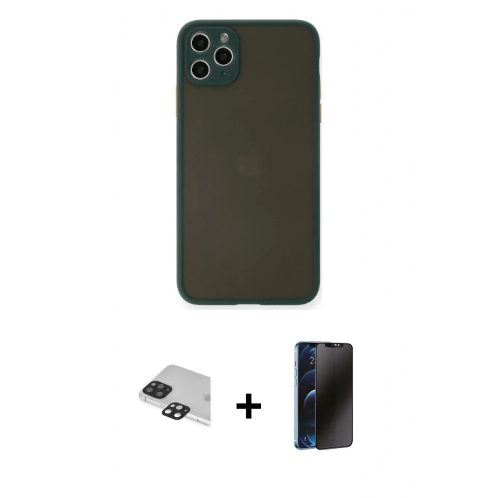 MARSİLYAN™- iPhone 11 Pro Max Kılıf Ahenk Çizgi Serisi - Siyah 3D Antistatik Hayalet Cam Ekran Koruyucu + Pers Alüminyum Kamera Lens - SH