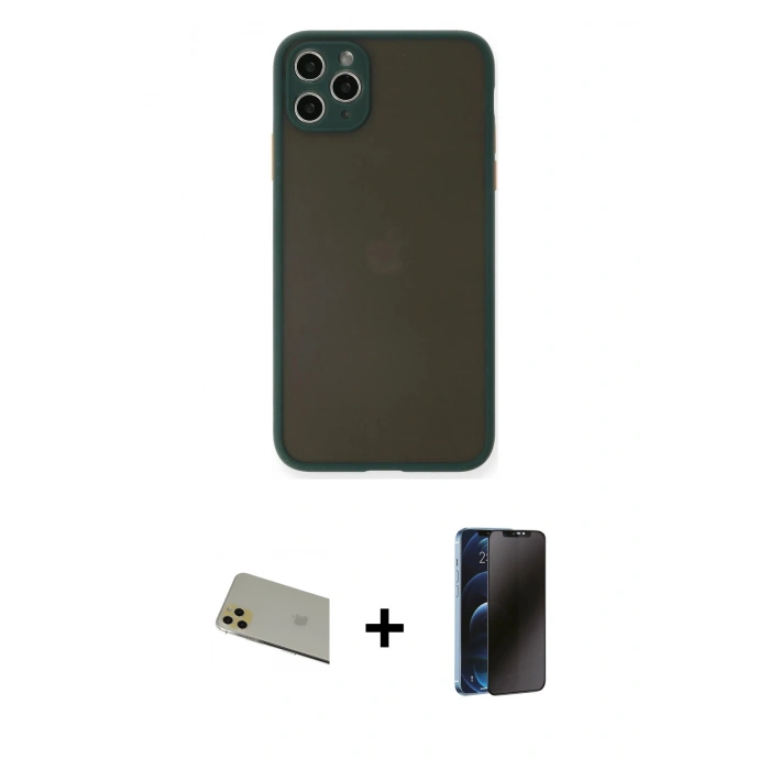MARSİLYAN™- iPhone 11 Pro Max Kılıf Ahenk Çizgi Serisi - Siyah 3D Antistatik Hayalet Cam Ekran Koruyucu + Rainbow Kamera Lens Koruma Cam - GD