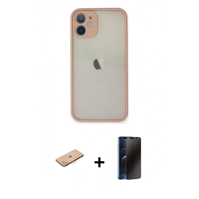 MARSİLYAN™- iPhone 11 Pro Max Kılıf Ahenk Çizgi Serisi - Siyah 3D Antistatik Hayalet Cam Ekran Koruyucu + Renkli Kamera Lens Koruma Cam - PE