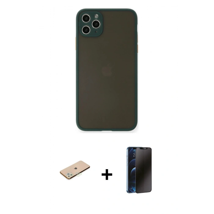 MARSİLYAN™- iPhone 11 Pro Max Kılıf Ahenk Çizgi Serisi - Siyah 3D Antistatik Hayalet Cam Ekran Koruyucu + Renkli Kamera Lens Koruma Cam - YL