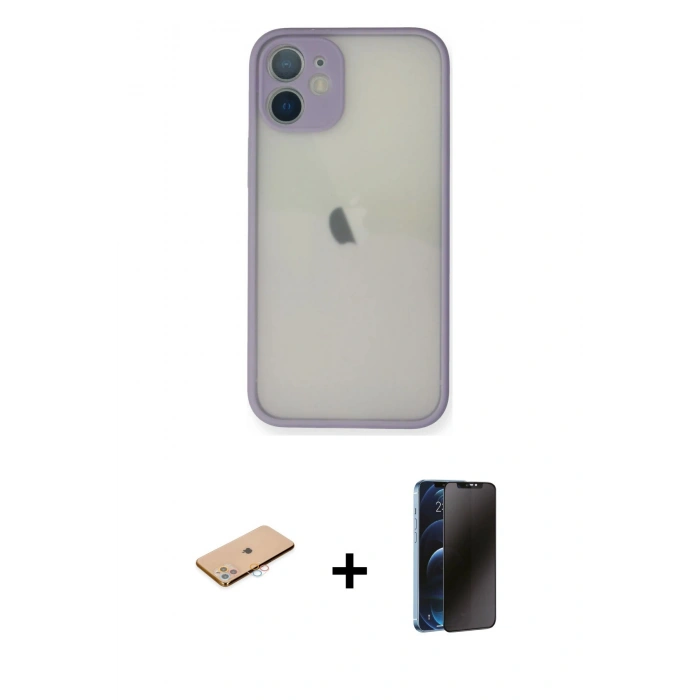 MARSİLYAN™- iPhone 11 Pro Max Kılıf Ahenk Çizgi Serisi - Siyah 3D Antistatik Hayalet Cam Ekran Koruyucu + Renkli Kamera Lens Koruma Cam - PE