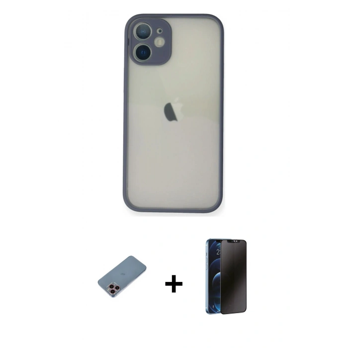 MARSİLYAN™- iPhone 11 Pro Max Kılıf Ahenk Çizgi Serisi - Siyah 3D Antistatik Hayalet Cam Ekran Koruyucu + Shine Kamera Lens Koruma Cam - PE