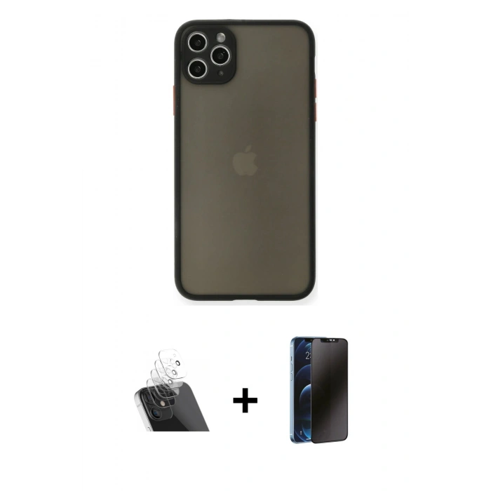MARSİLYAN™- iPhone 11 Pro Max Kılıf Ahenk Çizgi Serisi - Siyah 3D Antistatik Hayalet Cam Ekran Koruyucu + Kamera Lens Koruma Cam - SF
