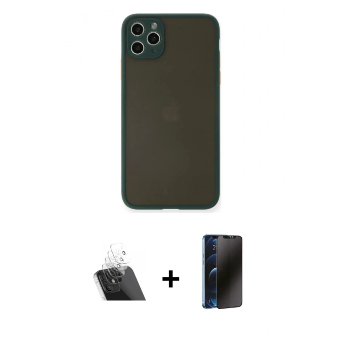 MARSİLYAN™- iPhone 11 Pro Max Kılıf Ahenk Çizgi Serisi - Siyah 3D Antistatik Hayalet Cam Ekran Koruyucu + Kamera Lens Koruma Cam - SF
