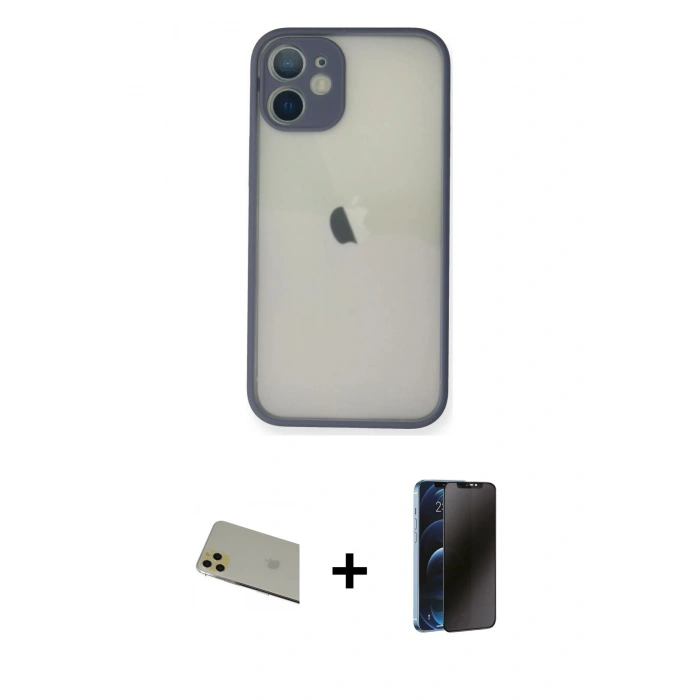 MARSİLYAN™- iPhone 11 Pro Max Kılıf Ahenk Çizgi Serisi - Siyah 3D Antistatik Hayalet Cam Ekran Koruyucu + Rainbow Kamera Lens Koruma Cam - GD