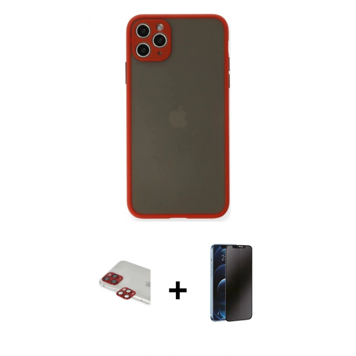 MARSİLYAN™- iPhone 11 Pro Max Kılıf Ahenk Çizgi Serisi - Siyah 3D Antistatik Hayalet Cam Ekran Koruyucu + Pers Alüminyum Kamera Lens - KI