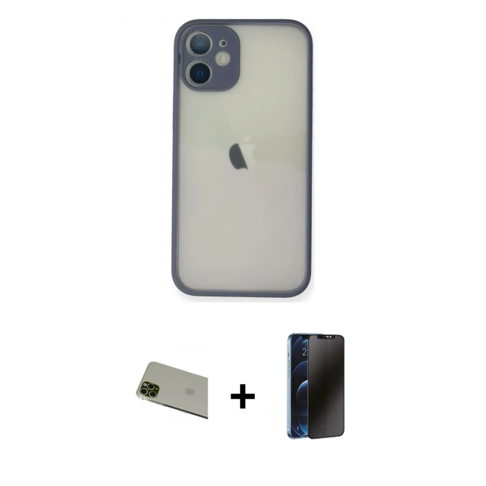 MARSİLYAN™- iPhone 11 Pro Max Kılıf Ahenk Çizgi Serisi - Siyah 3D Antistatik Hayalet Cam Ekran Koruyucu + Rainbow Kamera Lens Koruma Cam - YL