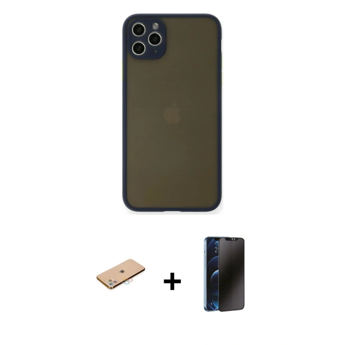 MARSİLYAN™- iPhone 11 Pro Max Kılıf Ahenk Çizgi Serisi - Siyah 3D Antistatik Hayalet Cam Ekran Koruyucu + Renkli Kamera Lens Koruma Cam - PE