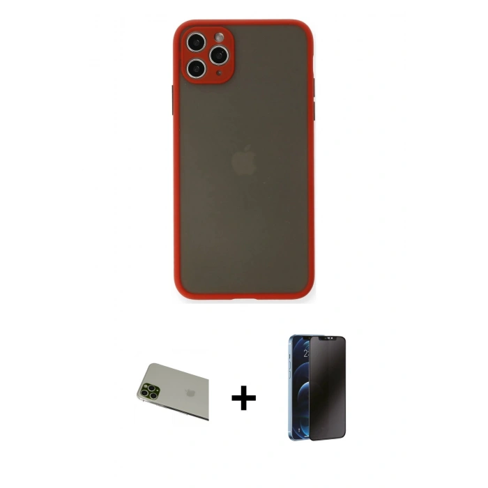 MARSİLYAN™- iPhone 11 Pro Max Kılıf Ahenk Çizgi Serisi - Siyah 3D Antistatik Hayalet Cam Ekran Koruyucu + Rainbow Kamera Lens Koruma Cam - YL