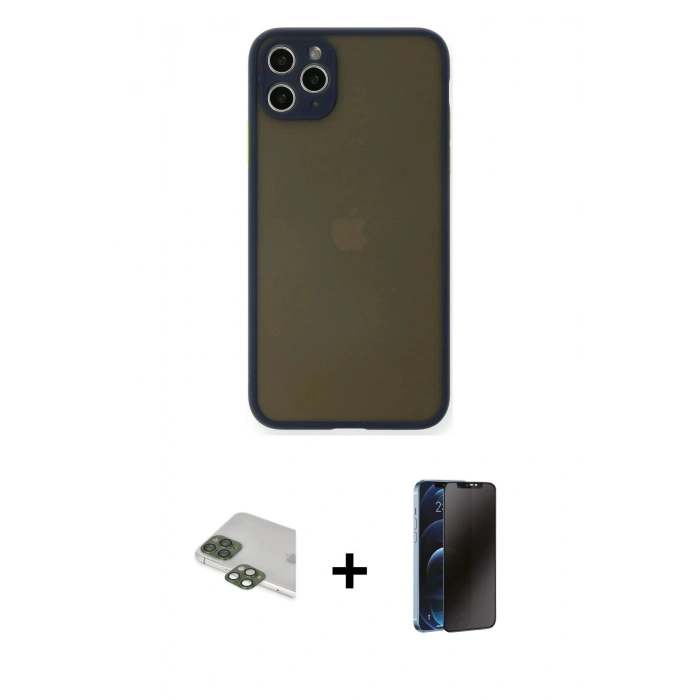 MARSİLYAN™- iPhone 11 Pro Max Kılıf Ahenk Çizgi Serisi - Siyah 3D Antistatik Hayalet Cam Ekran Koruyucu + Pers Alüminyum Kamera Lens - YL