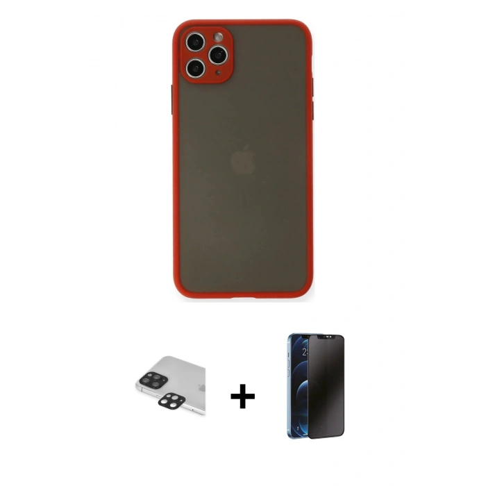 MARSİLYAN™- iPhone 11 Pro Max Kılıf Ahenk Çizgi Serisi - Siyah 3D Antistatik Hayalet Cam Ekran Koruyucu + Pers Alüminyum Kamera Lens - SH