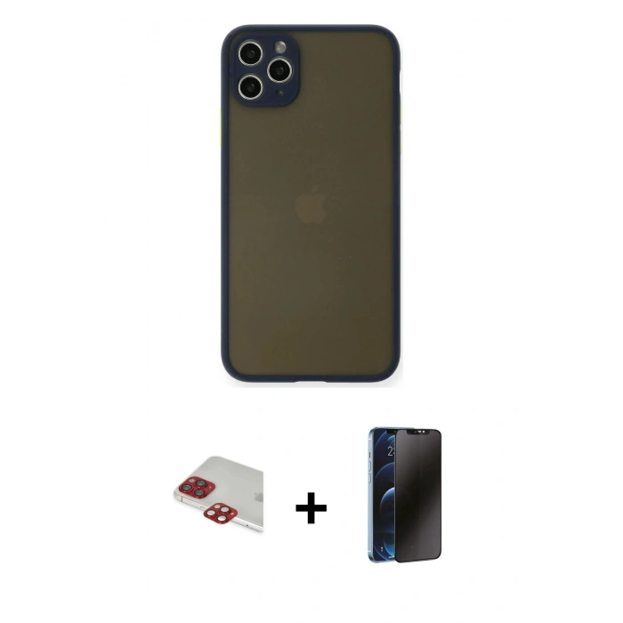 MARSİLYAN™- iPhone 11 Pro Max Kılıf Ahenk Çizgi Serisi - Siyah 3D Antistatik Hayalet Cam Ekran Koruyucu + Pers Alüminyum Kamera Lens - KI