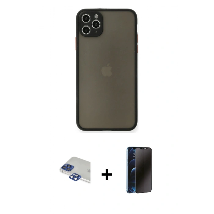MARSİLYAN™- iPhone 11 Pro Max Kılıf Ahenk Çizgi Serisi - Siyah 3D Antistatik Hayalet Cam Ekran Koruyucu + Pers Alüminyum Kamera Lens - LT