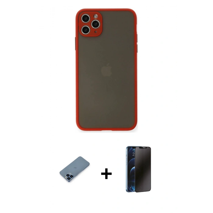 MARSİLYAN™- iPhone 11 Pro Max Kılıf Ahenk Çizgi Serisi - Siyah 3D Antistatik Hayalet Cam Ekran Koruyucu + Metal Kamera Lens Koruma Cam - MI