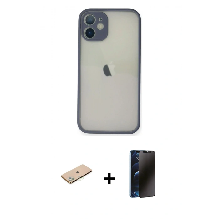 MARSİLYAN™- iPhone 11 Pro Max Kılıf Ahenk Çizgi Serisi - Siyah 3D Antistatik Hayalet Cam Ekran Koruyucu + Renkli Kamera Lens Koruma Cam - YL