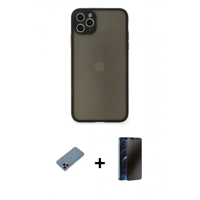 MARSİLYAN™- iPhone 11 Pro Max Kılıf Ahenk Çizgi Serisi - Siyah 3D Antistatik Hayalet Cam Ekran Koruyucu + Shine Kamera Lens Koruma Cam - PE