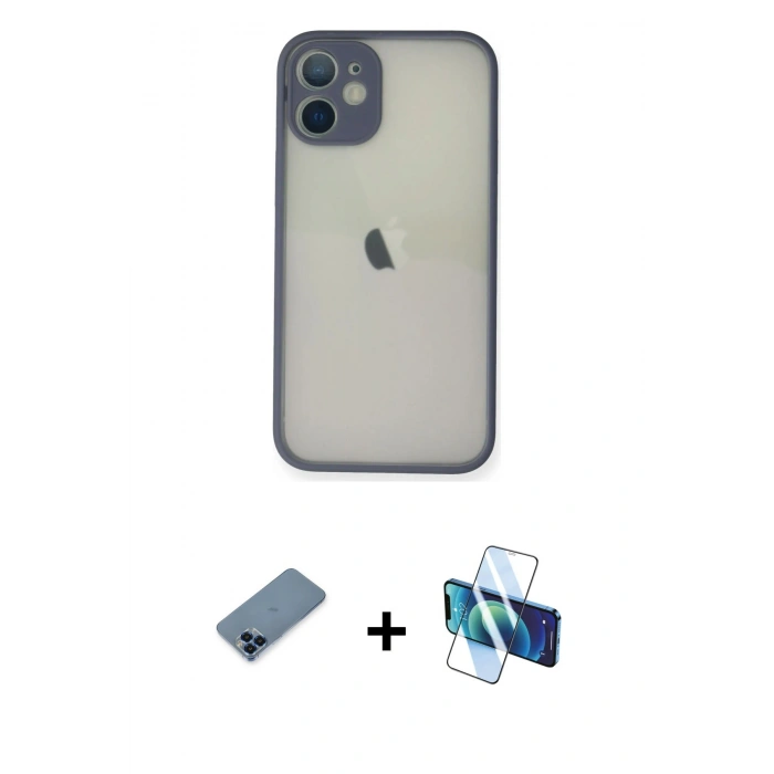 MARSİLYAN™- iPhone 11 Pro Max Kılıf Ahenk Çizgi Serisi - Siyah 3D Antistatik Seramik Nano Ekran Koruyucu + Mavi Metal Kamera Lens Koruma Cam
