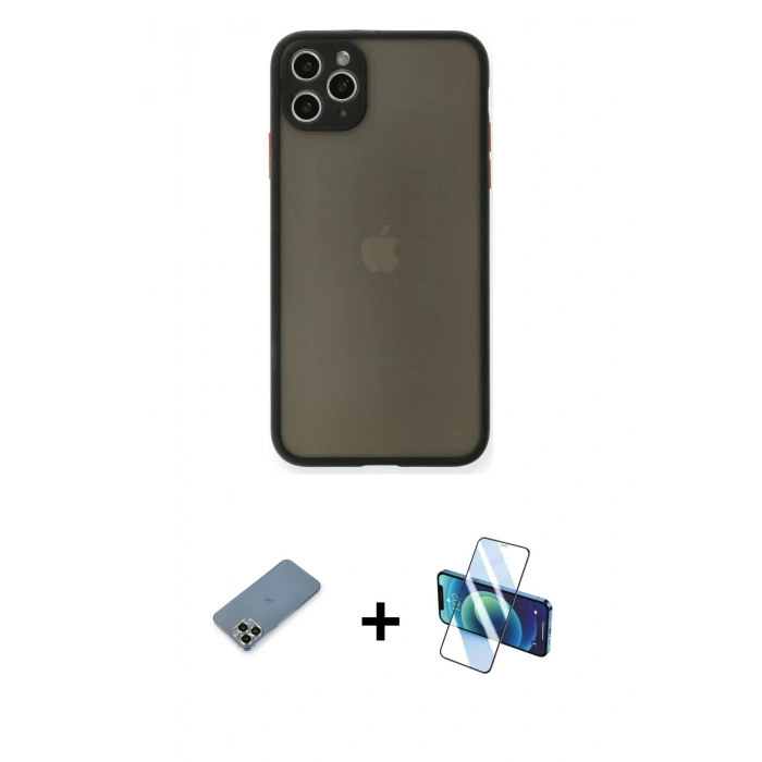 MARSİLYAN™- iPhone 11 Pro Max Kılıf Ahenk Çizgi Serisi - Siyah 3D Antistatik Seramik Nano Ekran Koruyucu + Açık Yeşil Metal Kamera Lens Koruma Cam