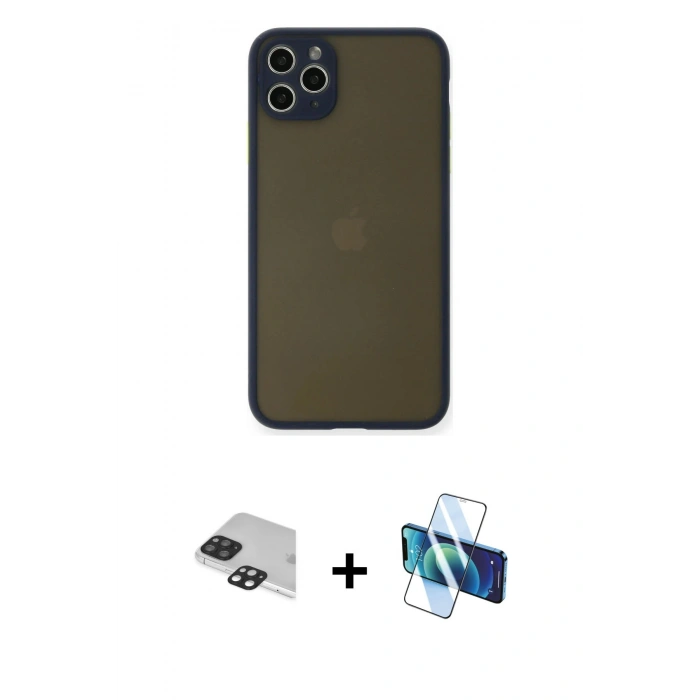 MARSİLYAN™- iPhone 11 Pro Max Kılıf Ahenk Çizgi Serisi - Siyah 3D Antistatik Seramik Nano Ekran Koruyucu + Pers Alüminyum Kamera Lens - SH