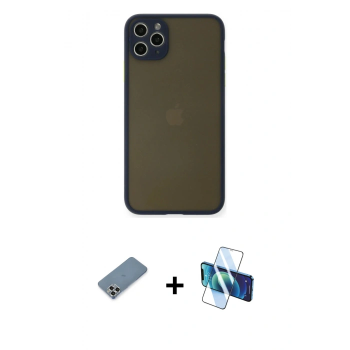 MARSİLYAN™- iPhone 11 Pro Max Kılıf Ahenk Çizgi Serisi - Siyah 3D Antistatik Seramik Nano Ekran Koruyucu + Metal Kamera Lens Koruma Cam - GS