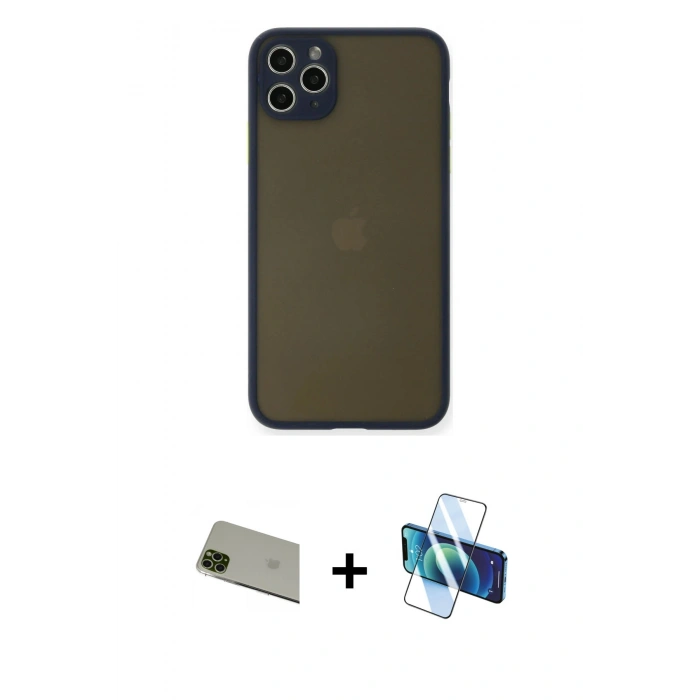 MARSİLYAN™- iPhone 11 Pro Max Kılıf Ahenk Çizgi Serisi - Siyah 3D Antistatik Seramik Nano Ekran Koruyucu + Rainbow Kamera Lens Koruma Cam - YL