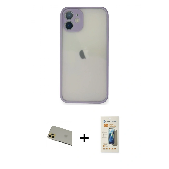MARSİLYAN™- iPhone 11 Pro Max Kılıf Ahenk Çizgi Serisi - Siyah 6D Mat Seramik Hayalet Nano Ekran Koruyucu + Gold Rainbow Kamera Lens Koruma Cam