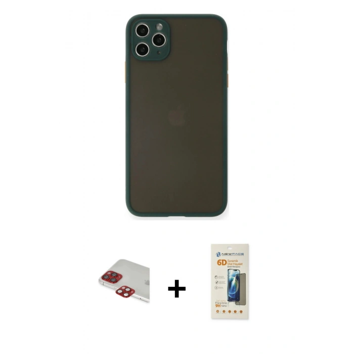 MARSİLYAN™- iPhone 11 Pro Max Kılıf Ahenk Çizgi Serisi - Siyah 6D Mat Seramik Hayalet Nano Ekran Koruyucu + Pers Alüminyum Kamera Lens - KI