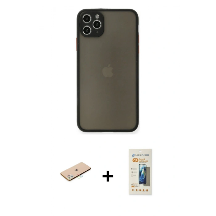 MARSİLYAN™- iPhone 11 Pro Max Kılıf Ahenk Çizgi Serisi - Siyah 6D Mat Seramik Hayalet Nano Ekran Koruyucu + Mavi Renkli Kamera Lens Koruma Cam