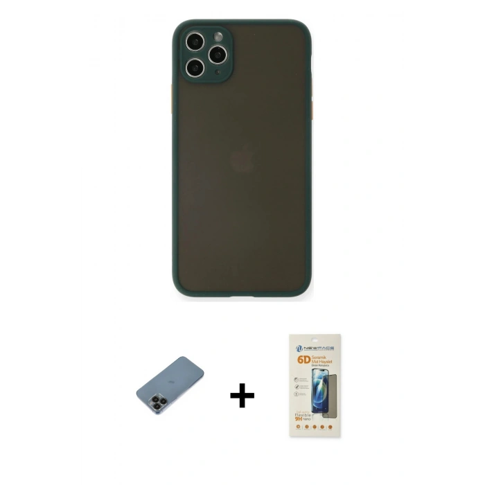 MARSİLYAN™- iPhone 11 Pro Max Kılıf Ahenk Çizgi Serisi - Siyah 6D Mat Seramik Hayalet Nano Ekran Koruyucu + Siyah Shine Kamera Lens Koruma Cam