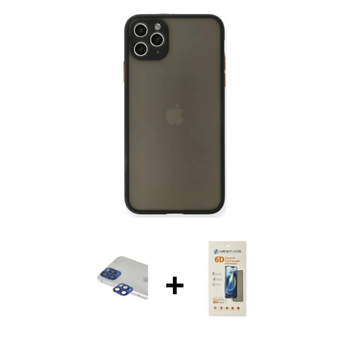 MARSİLYAN™- iPhone 11 Pro Max Kılıf Ahenk Çizgi Serisi - Siyah 6D Mat Seramik Hayalet Nano Ekran Koruyucu + Pers Alüminyum Kamera Lens - LT