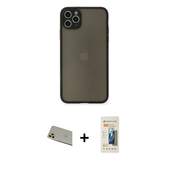 MARSİLYAN™- iPhone 11 Pro Max Kılıf Ahenk Çizgi Serisi - Siyah 6D Mat Seramik Hayalet Nano Ekran Koruyucu + Gold Rainbow Kamera Lens Koruma Cam