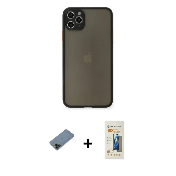 MARSİLYAN™- iPhone 11 Pro Max Kılıf Ahenk Çizgi Serisi - Siyah 6D Mat Seramik Hayalet Nano Ekran Koruyucu + Siyah Shine Kamera Lens Koruma Cam