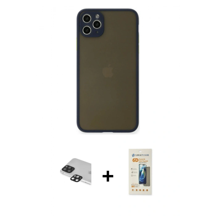 MARSİLYAN™- iPhone 11 Pro Max Kılıf Ahenk Çizgi Serisi - Siyah 6D Mat Seramik Hayalet Nano Ekran Koruyucu + Pers Alüminyum Kamera Lens - SH
