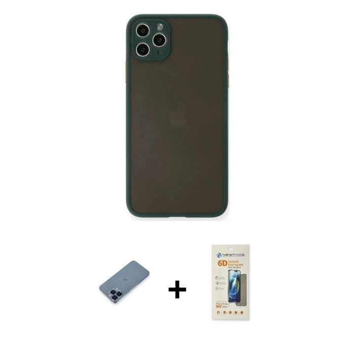 MARSİLYAN™- iPhone 11 Pro Max Kılıf Ahenk Çizgi Serisi - Siyah 6D Mat Seramik Hayalet Nano Ekran Koruyucu + Metal Kamera Lens Koruma Cam - MI