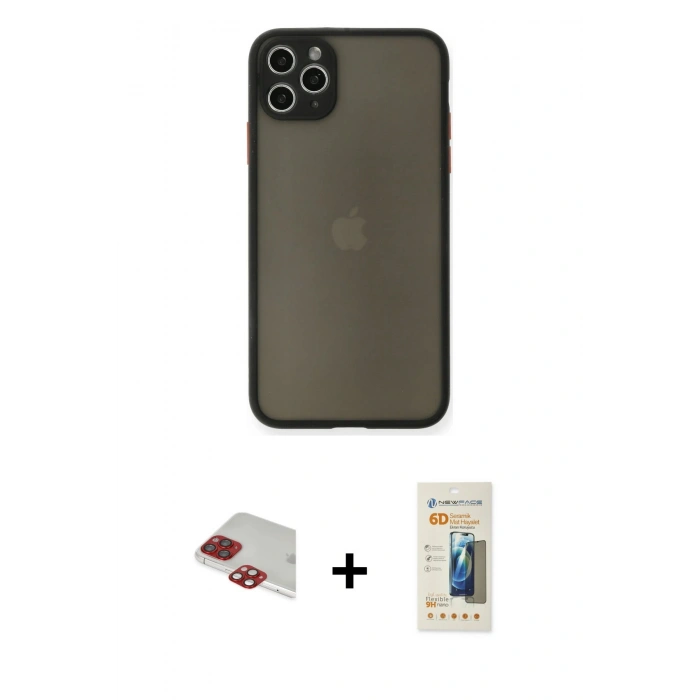 MARSİLYAN™- iPhone 11 Pro Max Kılıf Ahenk Çizgi Serisi - Siyah 6D Mat Seramik Hayalet Nano Ekran Koruyucu + Pers Alüminyum Kamera Lens - KI
