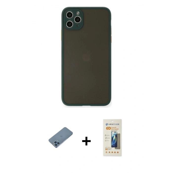 MARSİLYAN™- iPhone 11 Pro Max Kılıf Ahenk Çizgi Serisi - Siyah 6D Mat Seramik Hayalet Nano Ekran Koruyucu + Mavi Shine Kamera Lens Koruma Cam