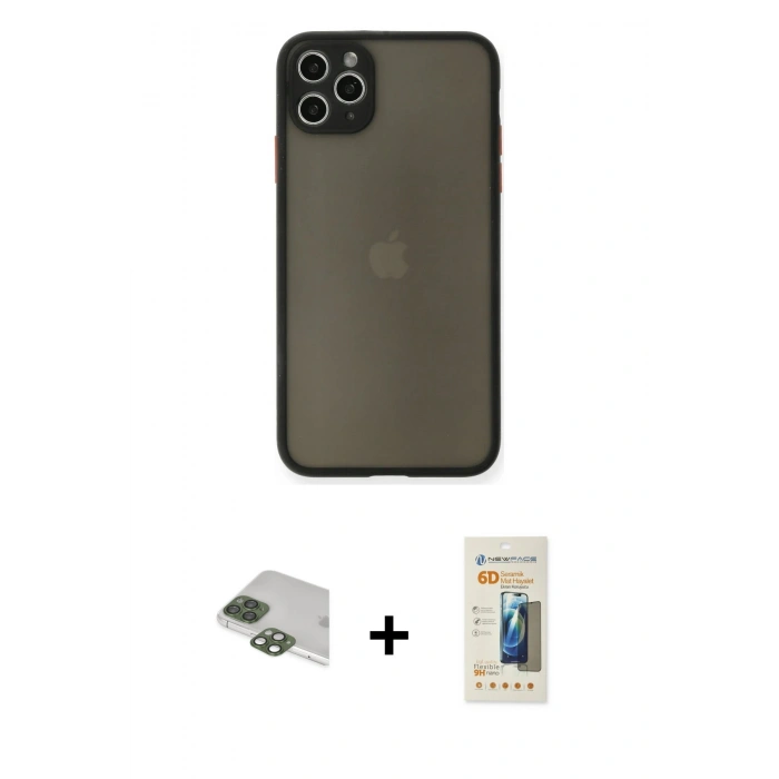 MARSİLYAN™- iPhone 11 Pro Max Kılıf Ahenk Çizgi Serisi - Siyah 6D Mat Seramik Hayalet Nano Ekran Koruyucu + Pers Alüminyum Kamera Lens - YL