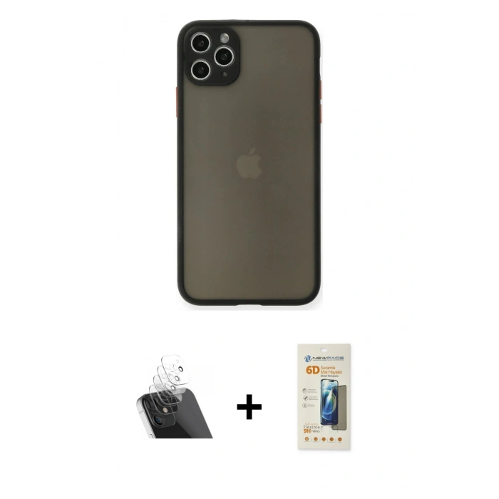 MARSİLYAN™- iPhone 11 Pro Max Kılıf Ahenk Çizgi Serisi - Siyah 6D Mat Seramik Hayalet Nano Ekran Koruyucu + Kamera Lens Koruma Cam - SF