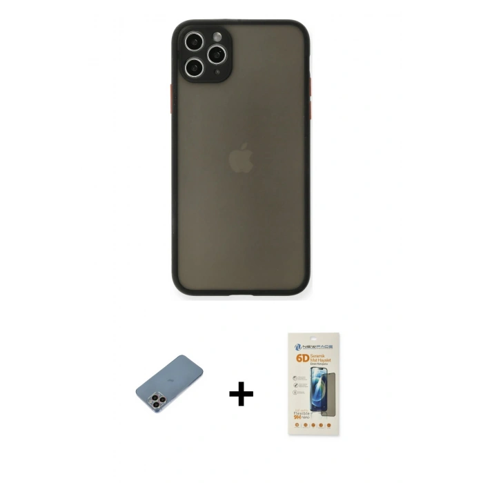 MARSİLYAN™- iPhone 11 Pro Max Kılıf Ahenk Çizgi Serisi - Siyah 6D Mat Seramik Hayalet Nano Ekran Koruyucu + Shine Kamera Lens Koruma Cam - GI