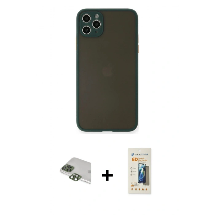 MARSİLYAN™- iPhone 11 Pro Max Kılıf Ahenk Çizgi Serisi - Siyah 6D Mat Seramik Hayalet Nano Ekran Koruyucu + Pers Alüminyum Kamera Lens - YL