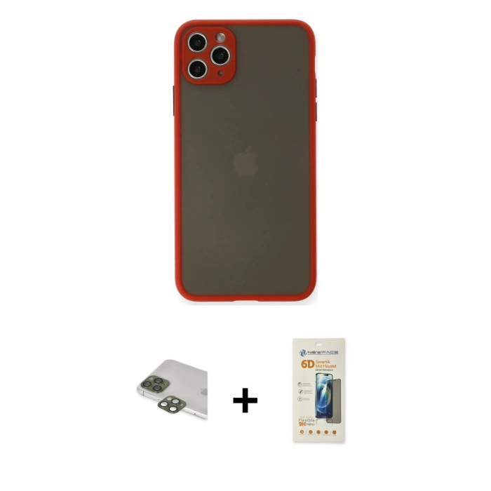 MARSİLYAN™- iPhone 11 Pro Max Kılıf Ahenk Çizgi Serisi - Siyah 6D Mat Seramik Hayalet Nano Ekran Koruyucu + Pers Alüminyum Kamera Lens - YL