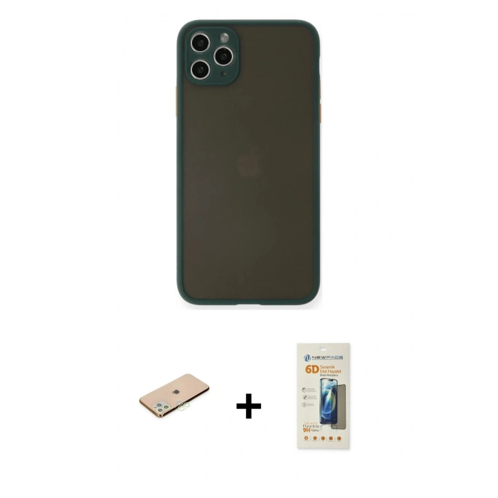 MARSİLYAN™- iPhone 11 Pro Max Kılıf Ahenk Çizgi Serisi - Siyah 6D Mat Seramik Hayalet Nano Ekran Koruyucu + Yeşil Renkli Kamera Lens Koruma Cam