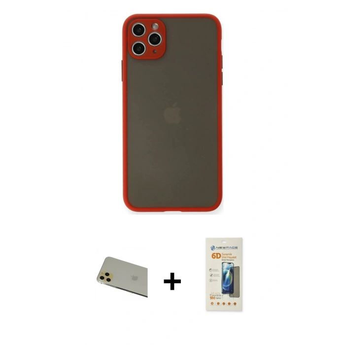 MARSİLYAN™- iPhone 11 Pro Max Kılıf Ahenk Çizgi Serisi - Siyah 6D Mat Seramik Hayalet Nano Ekran Koruyucu + Gold Rainbow Kamera Lens Koruma Cam