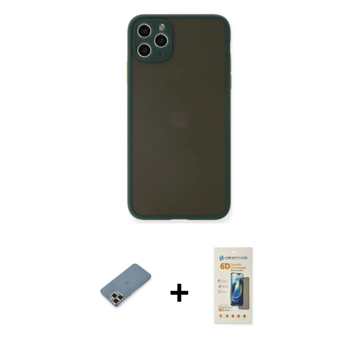 MARSİLYAN™- iPhone 11 Pro Max Kılıf Ahenk Çizgi Serisi - Siyah 6D Mat Seramik Hayalet Nano Ekran Koruyucu + Metal Kamera Lens Koruma Cam - GD