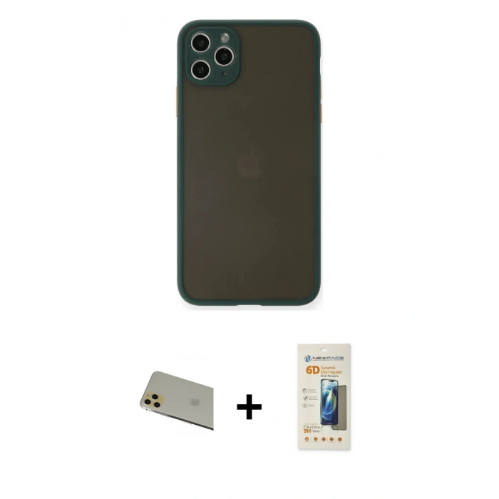 MARSİLYAN™- iPhone 11 Pro Max Kılıf Ahenk Çizgi Serisi - Siyah 6D Mat Seramik Hayalet Nano Ekran Koruyucu + Gold Rainbow Kamera Lens Koruma Cam