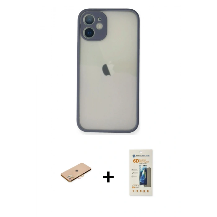 MARSİLYAN™- iPhone 11 Pro Max Kılıf Ahenk Çizgi Serisi - Siyah 6D Mat Seramik Hayalet Nano Ekran Koruyucu + Renkli Kamera Lens Koruma Cam - TU