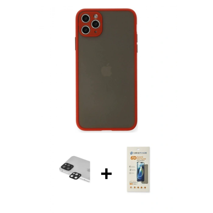 MARSİLYAN™- iPhone 11 Pro Max Kılıf Ahenk Çizgi Serisi - Siyah 6D Mat Seramik Hayalet Nano Ekran Koruyucu + Pers Alüminyum Kamera Lens - SH