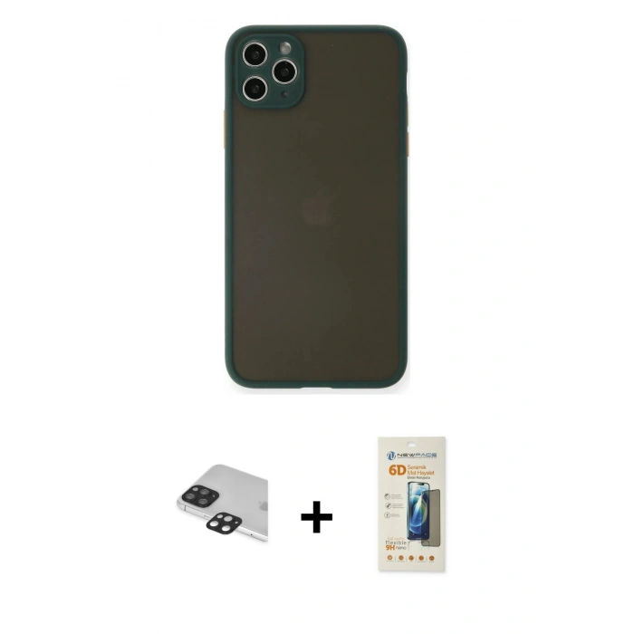 MARSİLYAN™- iPhone 11 Pro Max Kılıf Ahenk Çizgi Serisi - Siyah 6D Mat Seramik Hayalet Nano Ekran Koruyucu + Pers Alüminyum Kamera Lens - SH