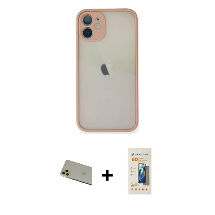 MARSİLYAN™- iPhone 11 Pro Max Kılıf Ahenk Çizgi Serisi - Siyah 6D Mat Seramik Hayalet Nano Ekran Koruyucu + Gold Rainbow Kamera Lens Koruma Cam